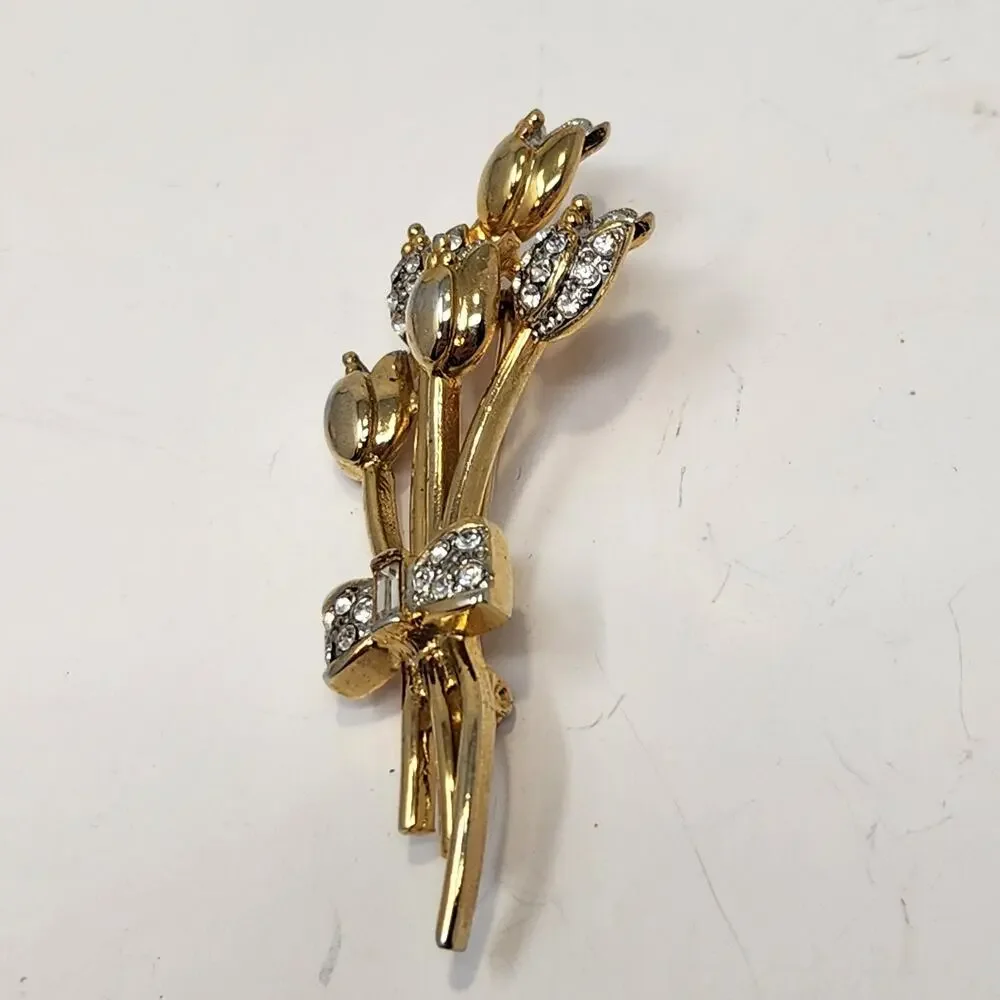 Tulip Bouquet Gold Tone Clear Rhinestone Brooch Flowers Floral Costume Jewelry